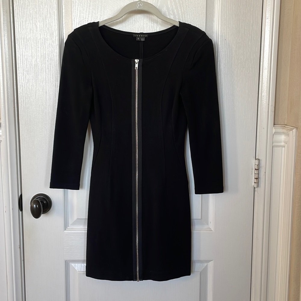Black, fitted Theory dress with mid-length sleeves.